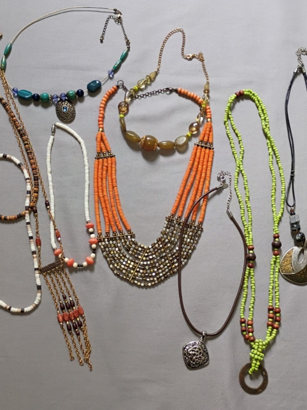 10- Multi Brands VTG Boho Necklaces Orange Green Beaded Bib Dangle Surfer